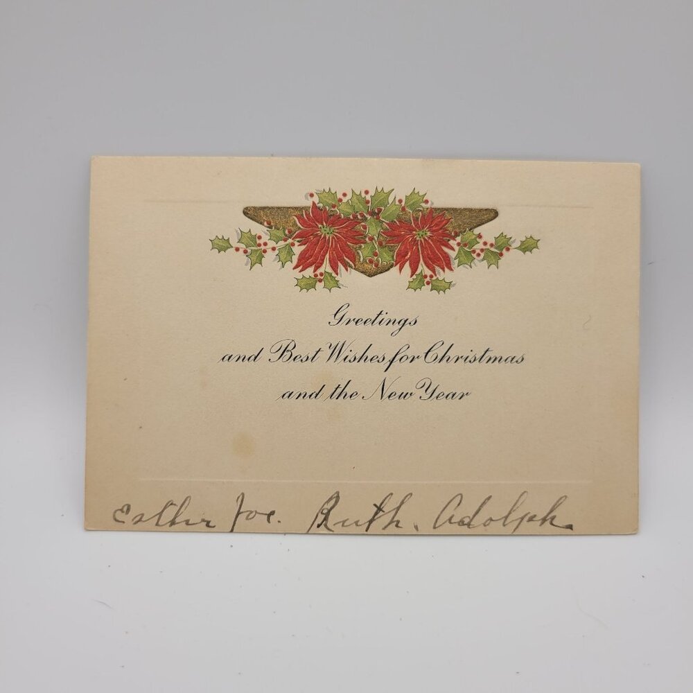 Vintage Christmas Card Esther Ruth Adolph Handwritten Poinsettia Holly 5x3 Inch